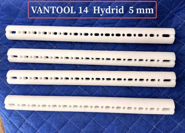 Four VANTOOL 14" Hybrid Glide G1 (5 mm) rods on a blue cloth.