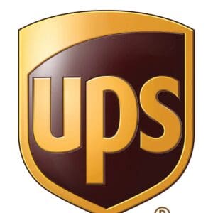 UPS logo, brown shield with gold lettering.