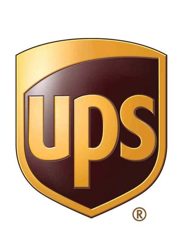 UPS logo, brown shield with gold lettering.