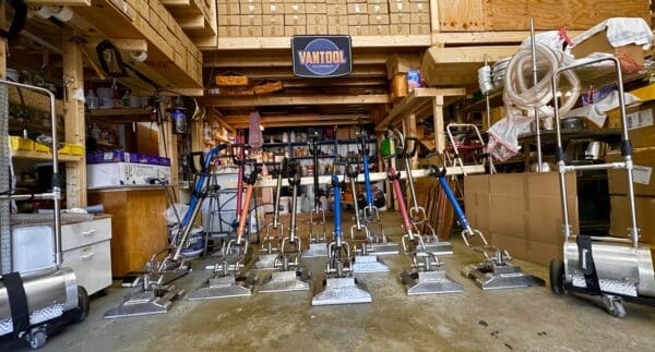 Vantool carpet cleaning machines in a warehouse.