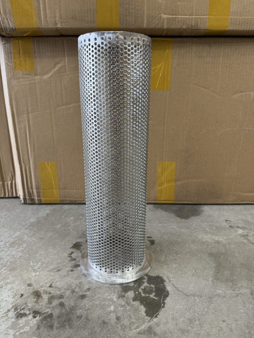 Stainless steel cylindrical filter screen.