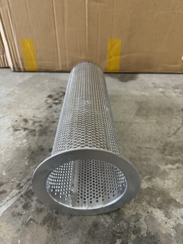 Stainless steel cylindrical strainer filter.