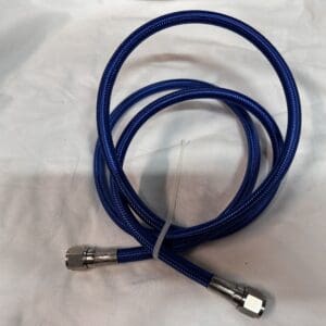 Blue braided hose with fittings.