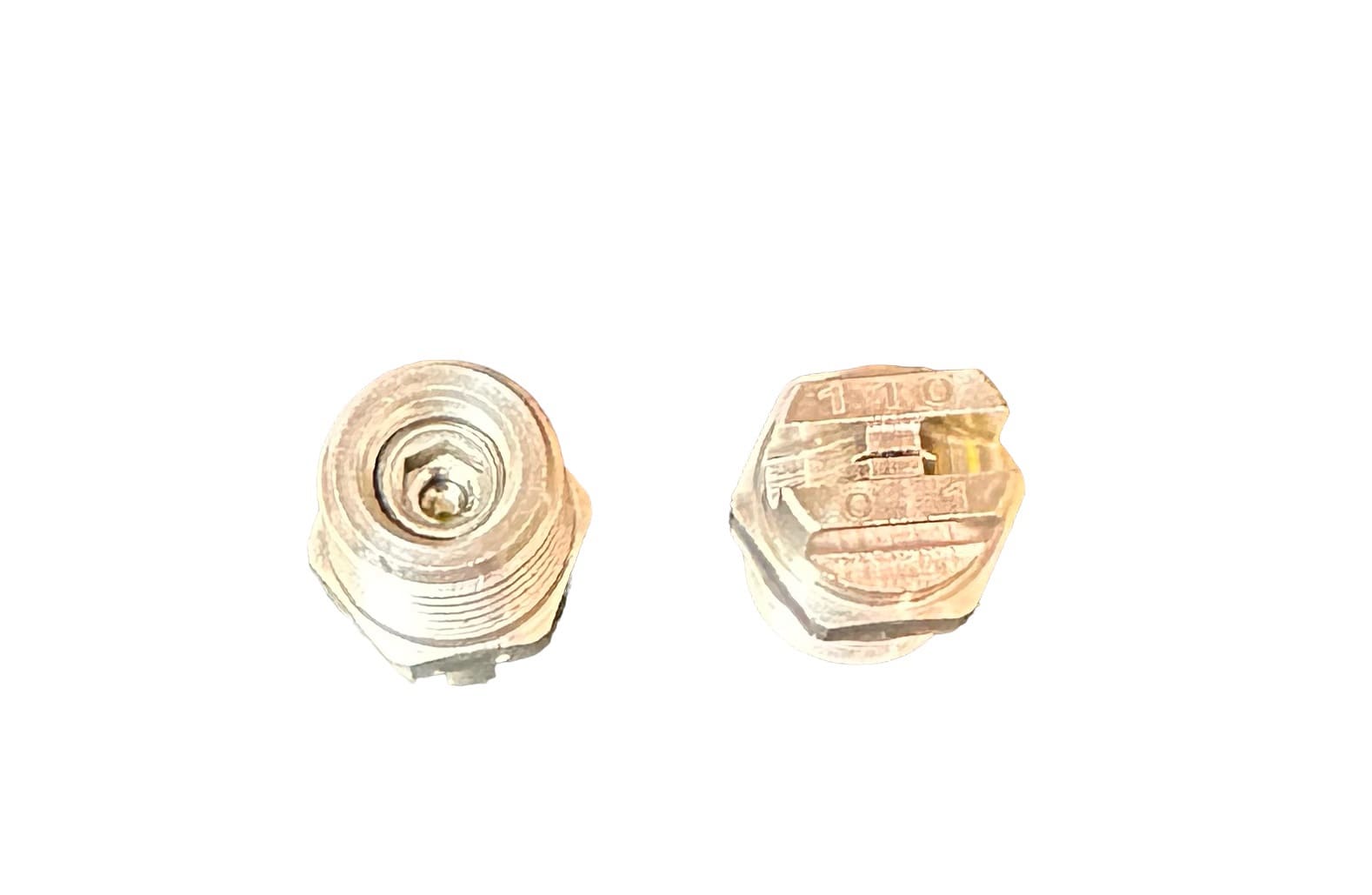 Two metal spray nozzles on white background.