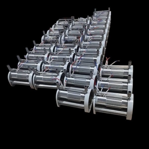 Stack of silver industrial motors.