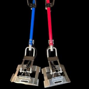 Two red and blue Vantool floor polishers.