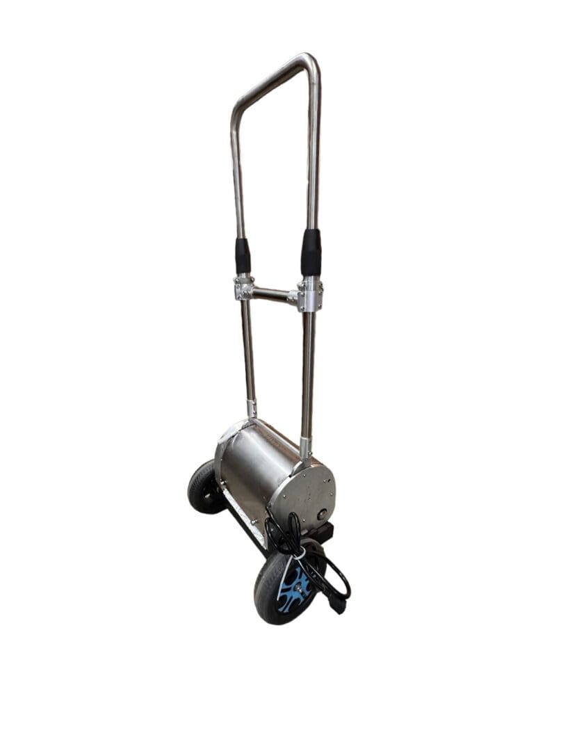 Stainless steel wheeled cleaning machine.