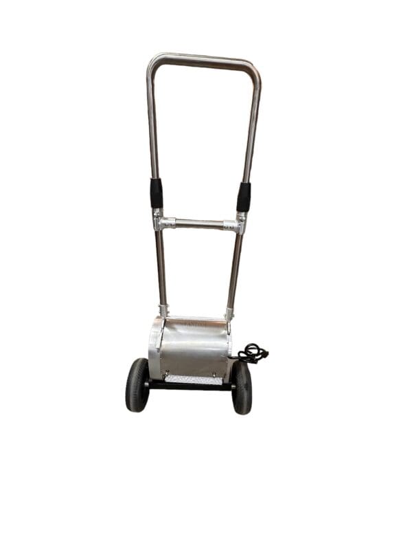 Silver, wheeled, hand truck with handle.