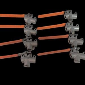 Six orange handle ball valves.