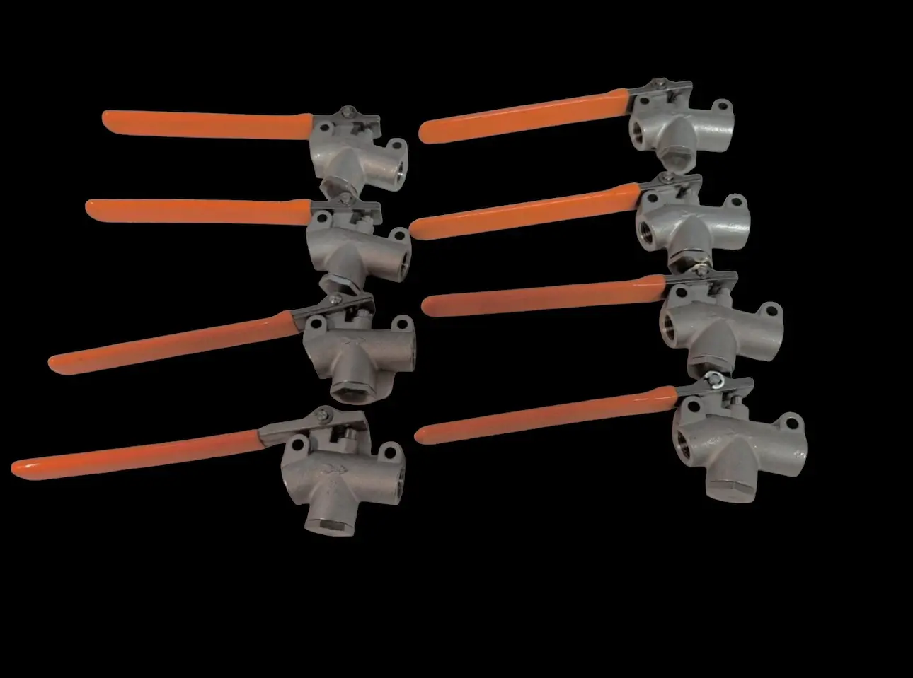 Six orange handle ball valves.