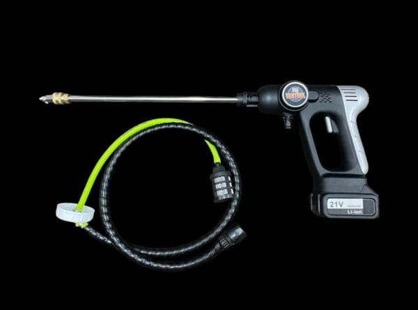 Cordless pressure washer with hose and nozzle.