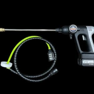 Cordless pressure washer with hose and nozzle.