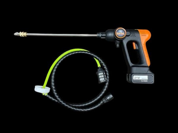 Cordless pressure washer with hose and wand.