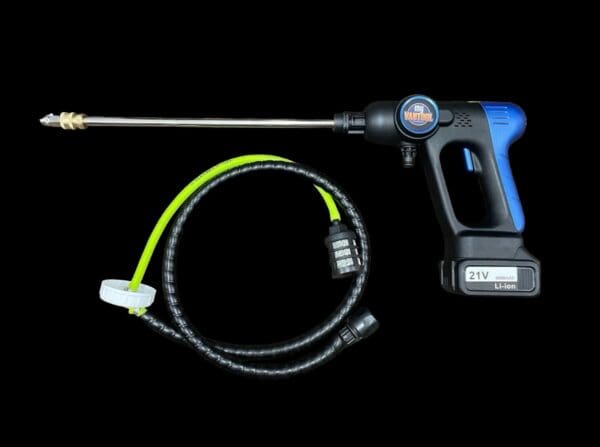 Cordless pressure washer with hose and wand.