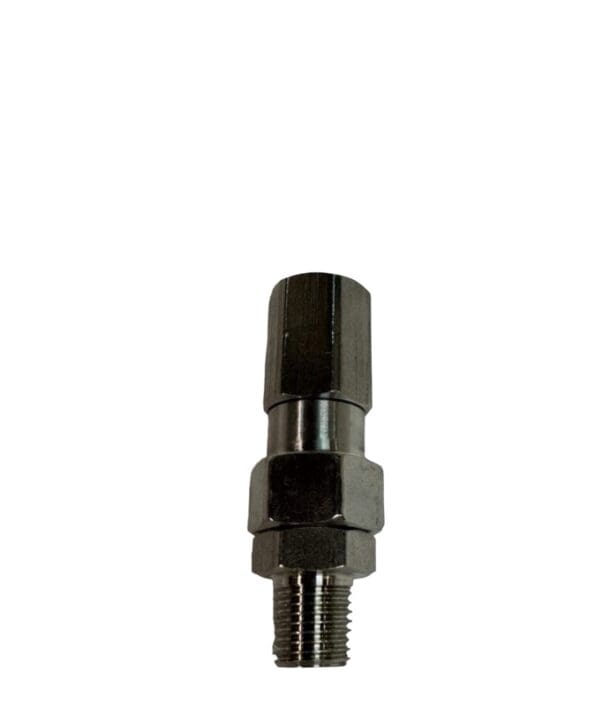 Silver metal threaded connector part.