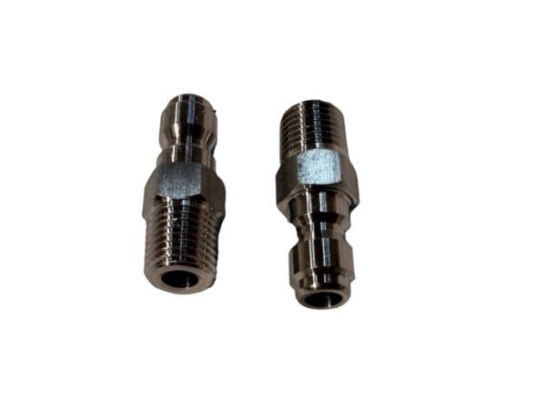 Two stainless steel quick connect fittings.