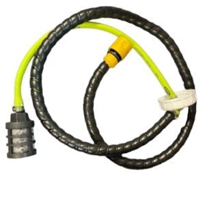 Yellow and black coiled cable with fittings.