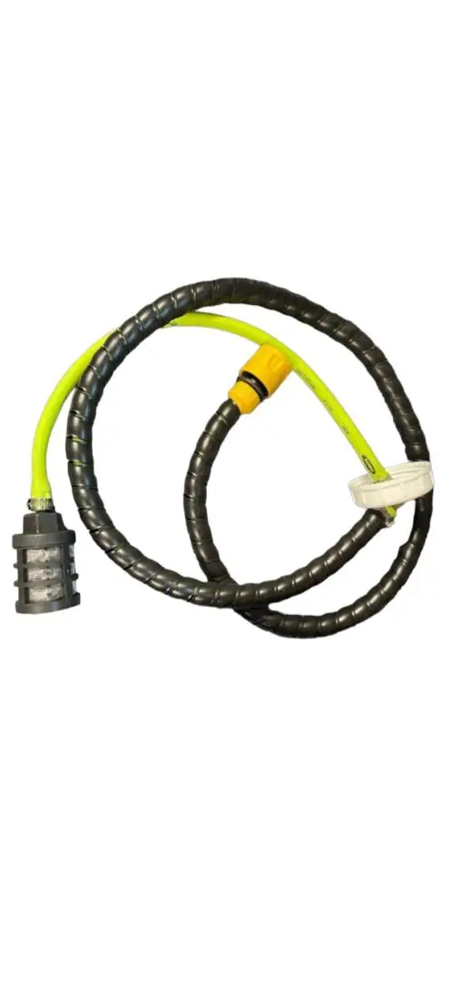 Yellow and black coiled cable with fittings.