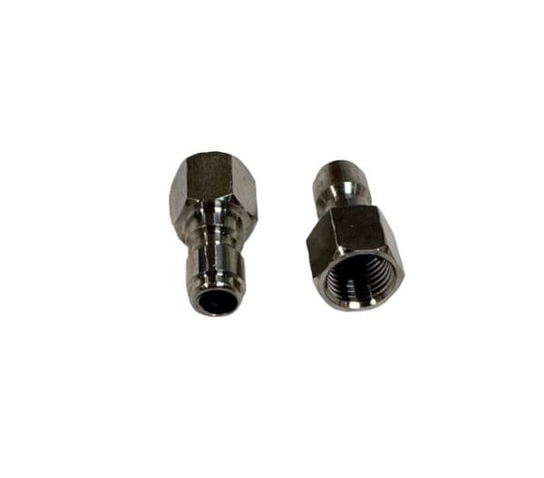 Two silver metal quick connect couplers.