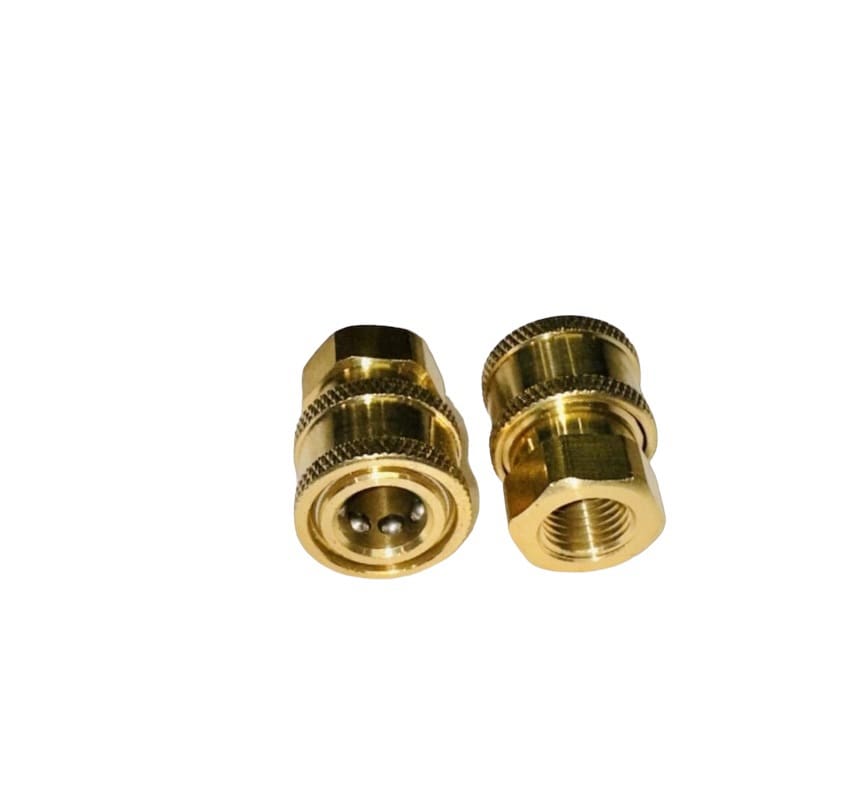 Two brass quick connect couplers.