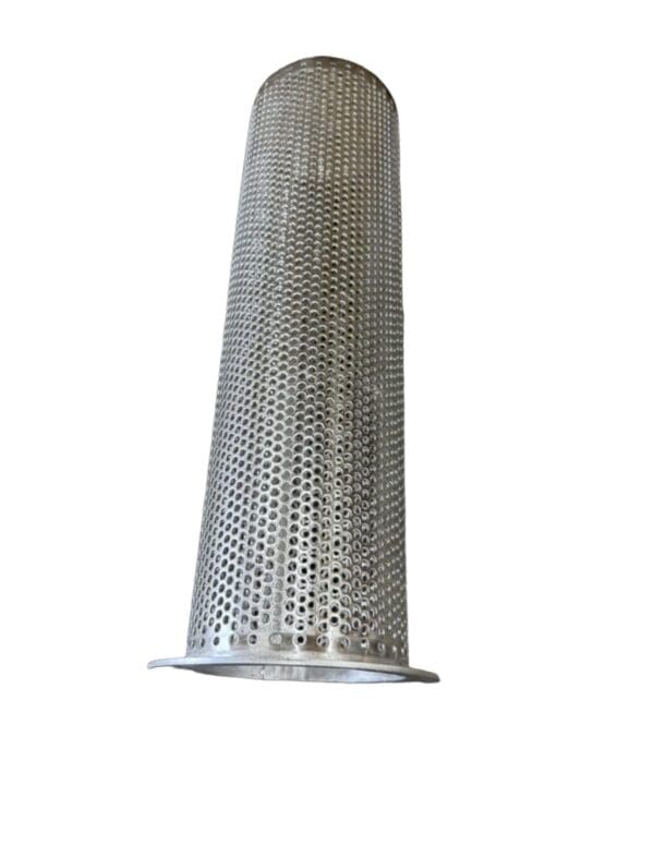 Stainless steel perforated cylindrical filter.