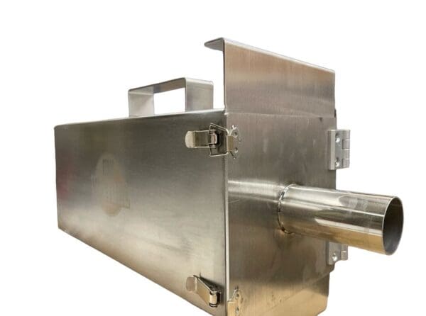 Stainless steel box with pipe and latches.