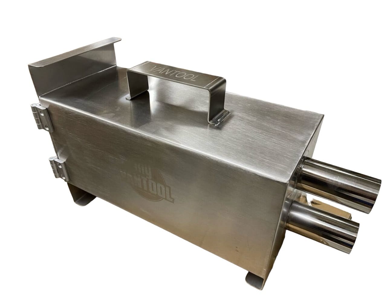 Stainless steel tool box with handles.