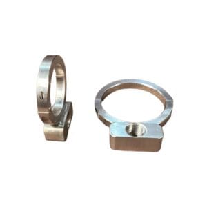 Two metal clamps with threaded holes.