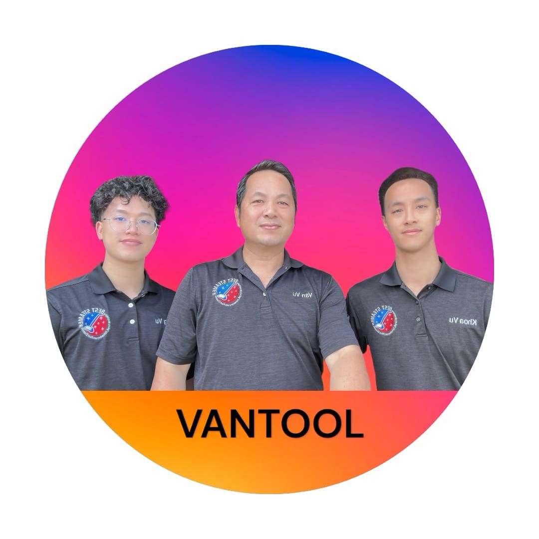 Three men smiling in front of Vantool logo.