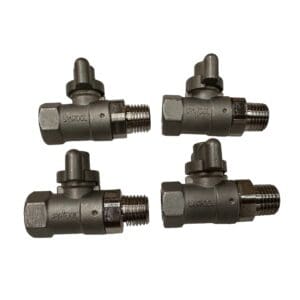 Four silver ball valves with handles.