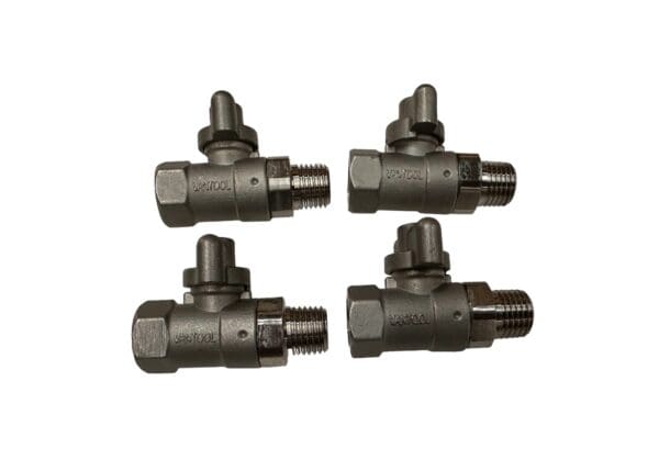 Four silver ball valves with handles.