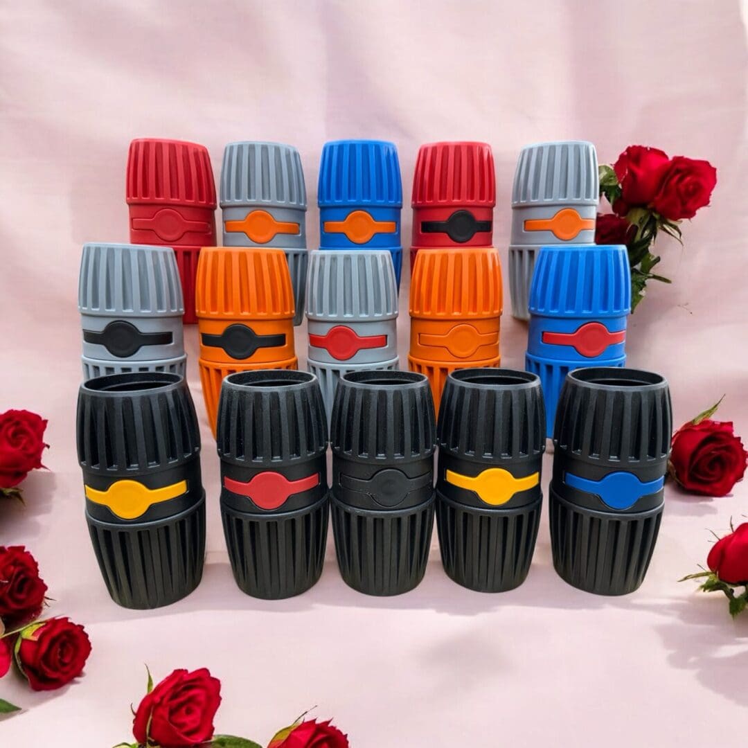 Colorful rubber containers arranged with roses.