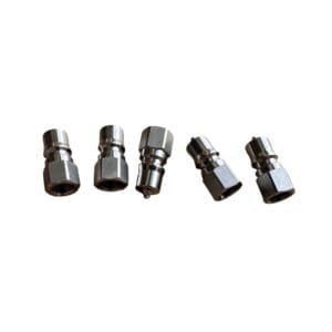 Five silver metal quick connect couplers.