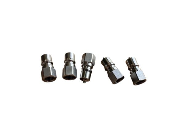 Five silver metal quick connect couplers.