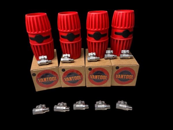 Four red Vantool valve kits with fittings.