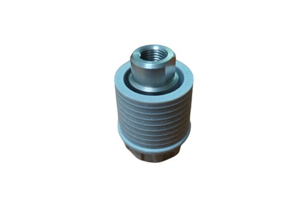 Gray threaded plastic connector with nut.